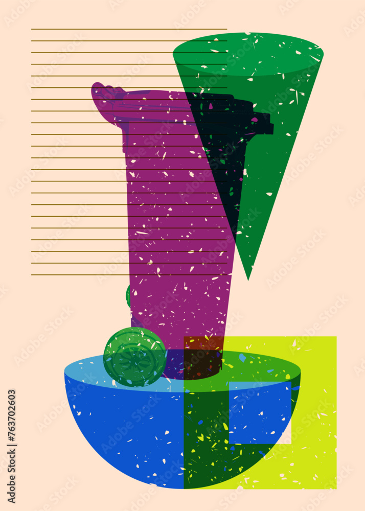 Poster risograph garbage bin with geometric shapes. objects in trendy riso graph print texture style design