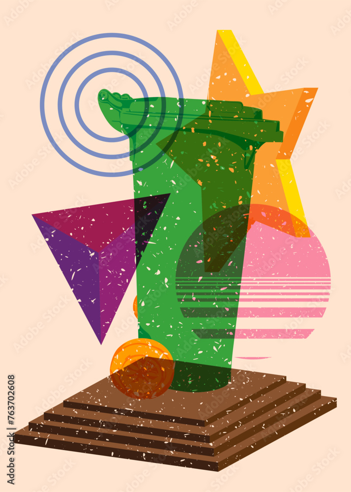 Poster risograph garbage bin with geometric shapes. objects in trendy riso graph print texture style design