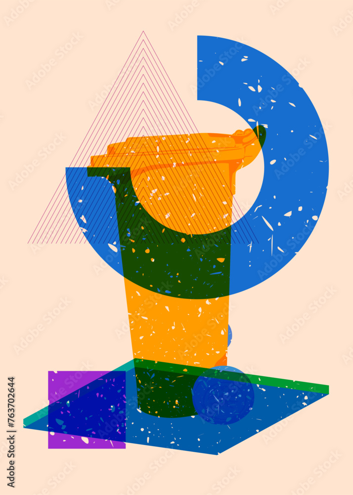 Poster risograph garbage bin with geometric shapes. objects in trendy riso graph print texture style design