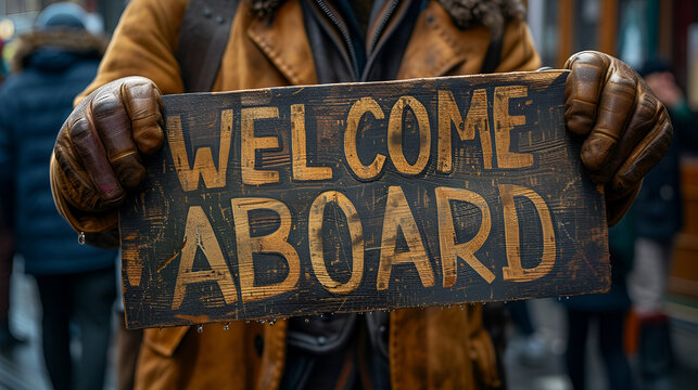 Close-up view of sign that reads “WELCOME ABOARD” - new employee orientation - official welcome to the family - new hire - recruitment 