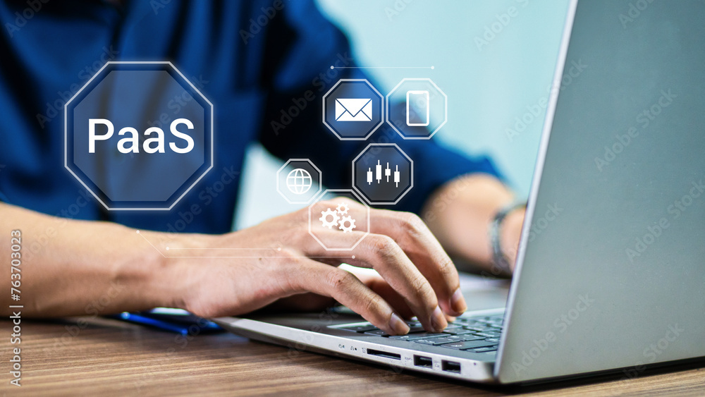 Poster paas, platform as a service concept. cloud computing service on software platform. businessman holdi