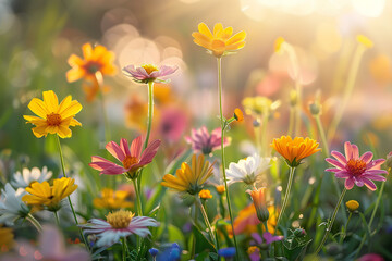 Fototapeta premium A picturesque field of vibrant wildflowers in full bloom, illuminated by soft sunlight, signaling spring's arrival.