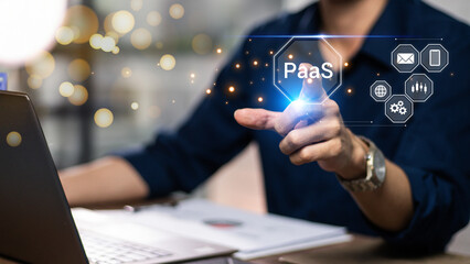 PaaS, Platform as a Service concept. Cloud computing service on software platform. Businessman...