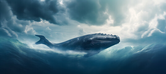 Humpback Whale Plays Near the Surface in Blue Water with cloudy sky