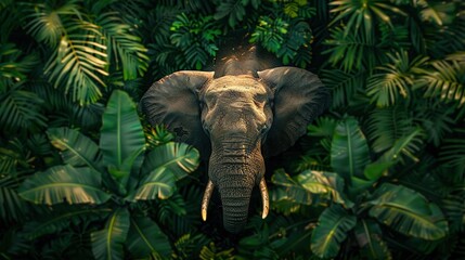 Endangered elephant tropical rainforest amidst lush greenery under threat from deforestation and poaching Realistic sunlight depth of field bokeh effect - obrazy, fototapety, plakaty