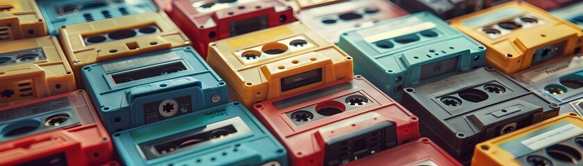 Nostalgic Collection of Vintage Cassette Tape Recorders and Analog Audio Equipment - obrazy, fototapety, plakaty