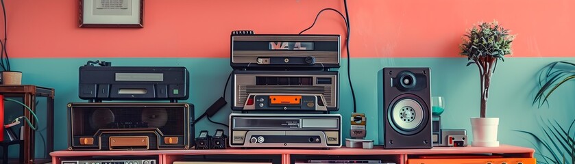 Obraz premium Retro Audio Equipment and Vintage Music System Displayed on Shelves in Cozy Home Interior