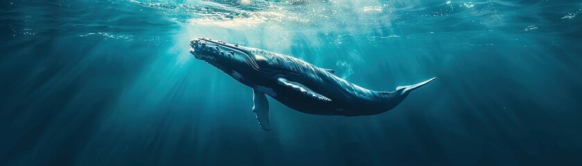 Deep ocean A majestic whale breaching the surface of crystal clear waters Sunny Realistic Sunlight Chromatic Aberration - obrazy, fototapety, plakaty