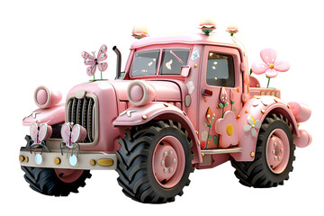 A 3D animated cartoon render of a pink mini-tractor with flower decals and a butterfly hitched onto the front.