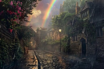An enchanting wallpaper design capturing the magic of a rainy day in a fairytale city, with cobblestone streets lined with old-fashioned street lamps, Generative AI