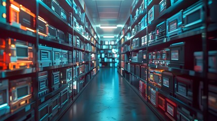 Vast Technological Corridor Filled with Organized Racks and Shelves Showcasing the Complexity of Modern Data Storage and Retrieval