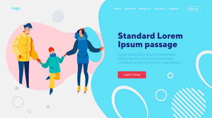 Family winter activities. Parents training kid to skate flat vector illustration. Vacation, holiday, lifestyle, leisure togetherness concept for banner, website design or landing web page