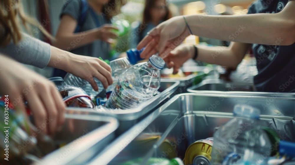 Poster a group of students carefully sorting and separating recyclable materials in a dedicated recycling b