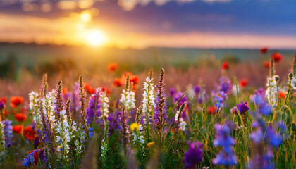 flower field; the sun in the evening; beautiful sunset light