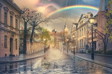 An enchanting wallpaper design capturing the magic of a rainy day in a fairytale city, with cobblestone streets lined with old-fashioned street lamps, Generative AI - obrazy, fototapety, plakaty
