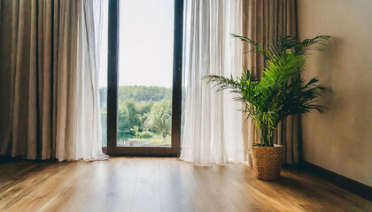 full curtains in an apartment light-colored room with subtle pops of color depth of field background. Earth-natural colors subtle pops of color high-contrasting feminine natural materials home design