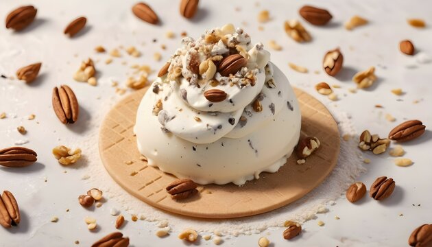 A close-up of Stracciatella gelato with a dusting of finely chopped nuts and a caramelized sugar wafer on top.