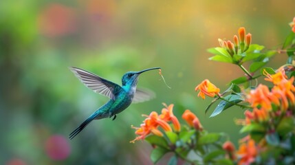 Green Purple-eared Hummingbird, (Colibri thalassinus), drinking flower nectar while flying in the forest