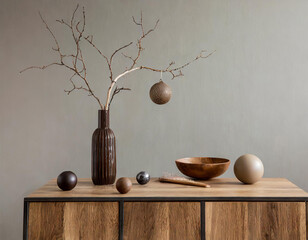Minimalist composition of living room interior with copy space, wooden sideboard, glass vase with branch, bowl, ball sculpture and personal accessories. Home decor. Template