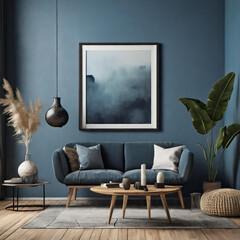 Minimalist composition of living room interior with blue background, black poster frame mock up, furniture, decoration and personal accessories