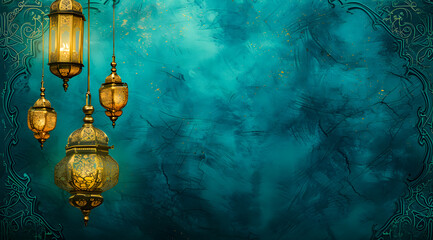 A golden Ramadhan lamp with Islamic on abstract blue background. Islamic festive greeting card photo. eid mubarak background - obrazy, fototapety, plakaty