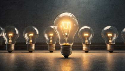One of Lightbulb glowing among shutdown light bulb in dark area with copy space for creative thinking , problem solving solution and outstanding concept by 3d rendering technique - obrazy, fototapety, plakaty
