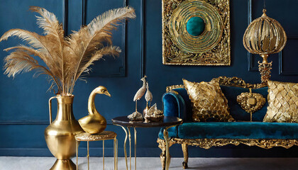 Fototapeta na wymiar Stylish close up on the elegant details in the glamour living room interior. Golden peacock and creative personal accesories. Dark blue wall. Template