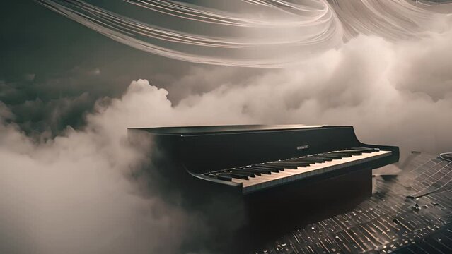 Piano Floating in Cloud Filled Sky Generative AI