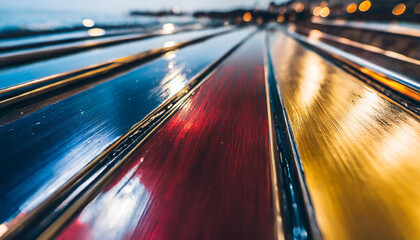 The close up of a glossy metal surface in navy blue, golden yellow, and deep red colors with a soft focus.