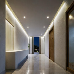 The interior design of a modern hallway corridor at night features dim light on the white wall.