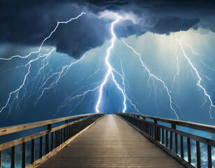 Thunder strikes over a minimalist bridge, illustrating overcoming obstacles and connecting opportunities in business. - obrazy, fototapety, plakaty
