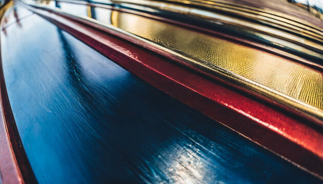 The close up of a glossy metal surface in navy blue, golden yellow, and deep red colors with a soft focus.