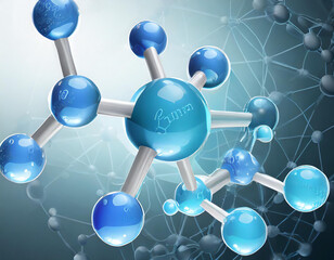 yaluronic acid molecules. Hydrated chemicals, molecular structure and blue spherical molecule