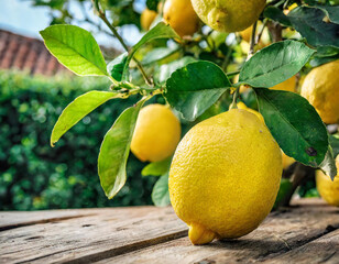 yellow lemons and green tree and leves ripe for harvest in backyard garden