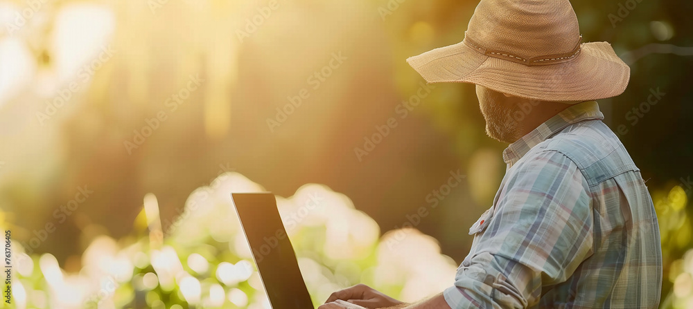 Poster modern farmer using a laptop computer with blurred background