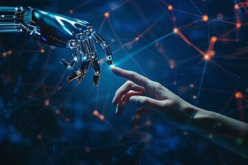 A human hand touching a AI hand, futuristic robot is upgrading, technology in web 3 and internet connection for crypto and science, machine learning for cyborg, AI generated
