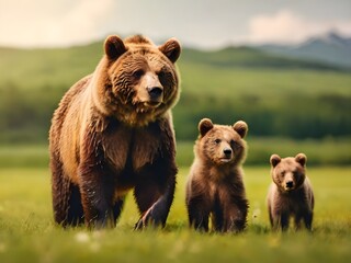 Brown bear ursus arctos mother with two cubs on green