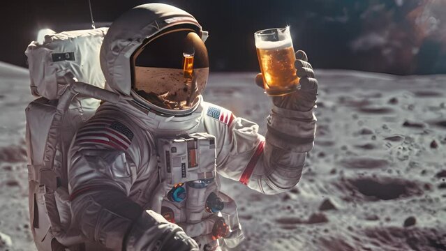 A man in a spacesuit holding a glass of beer. The image has a lighthearted and fun mood, as the man is in a space suit and holding a drink, which is not a typical scene