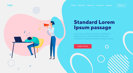 Manager with megaphone shouting at lazy worker. Angry boss, sleeping employee flat vector illustration. Conflict, efficiency concept for banner, website design or landing web page