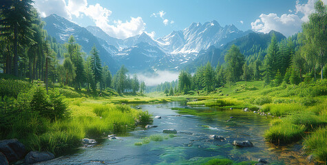 Fototapeta na wymiar Landscape with lake and mountains. Created with Ai