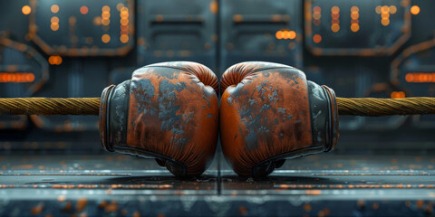 Versus VS Concept. Old boxing glowes hanging on wire, dark futuristic background.