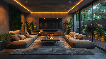 a Spacious modern living room with big screen
