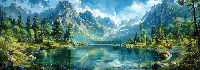 Beautiful landscape of mountain with lake. Created with Ai