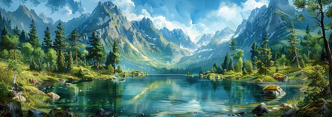 Zelfklevend Fotobehang Beautiful landscape of mountain with lake. Created with Ai © AllAbout