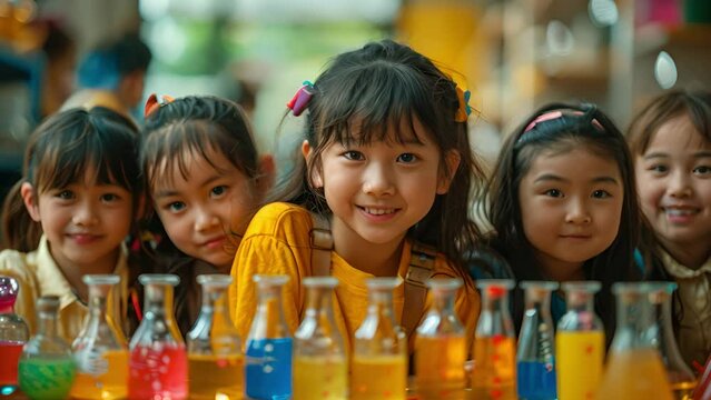 A group of children are smiling and posing for a picture in front of a table full of colorful bottles. Scene is happy and playful, as the children seem to be enjoying themselves