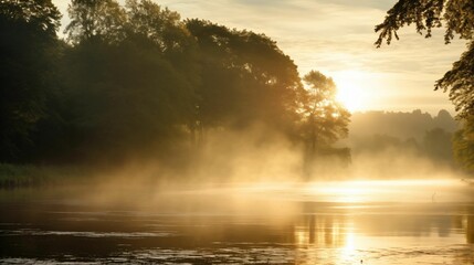 At sunset, a mist rises from the lake shore, creating a romantic and mysterious atmosphere