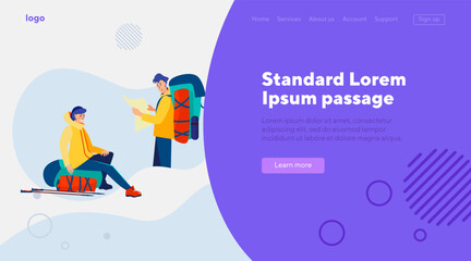 Outdoor tourists studying map. Man and woman with backpacks, trekking, camping flat vector illustration. Adventure travel, activity, lifestyle concept for banner, website design or landing web page