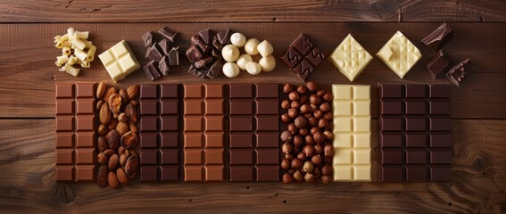 An array of assorted chocolate bars, including white, milk, and dark chocolate, accompanied by nuts on a dark surface