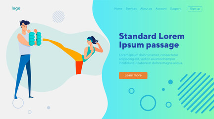 Woman practicing kicking. Fight trainer training customer, exercising, kickboxing flat vector illustration. Sport, activity, lifestyle concept for banner, website design or landing web page