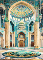 Obraz premium Islamic greeting Eid Mubarak cards for Muslim Holidays. Eid-Ul-Fitr festival celebration. Ramadan Kareem background with interior green mosque
